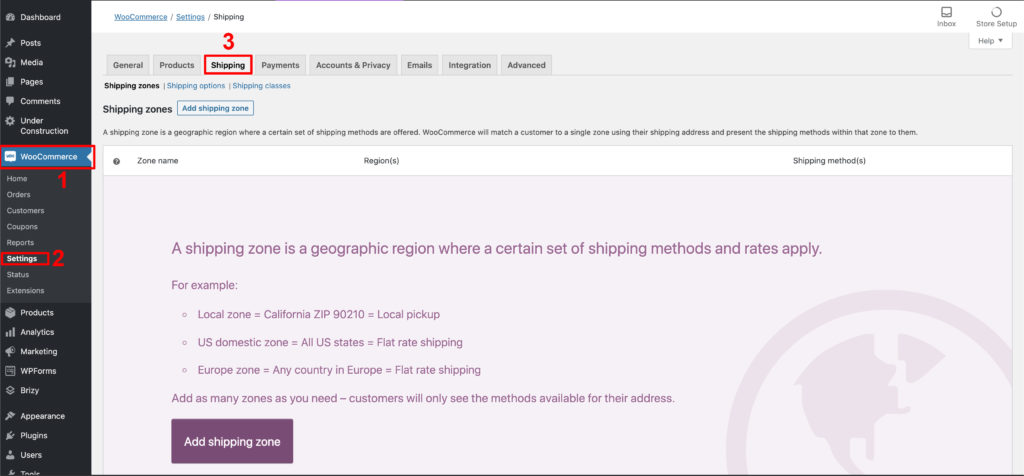Woocommerce shipping section